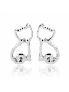 Small Cat Kitten Shaped Cute Silver Stud Earrings